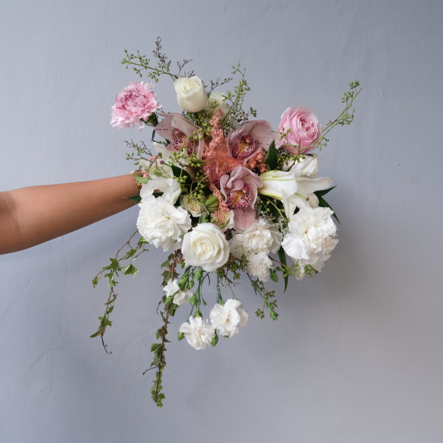 White Pink Cymbidium Cascade Bridal Bouquet