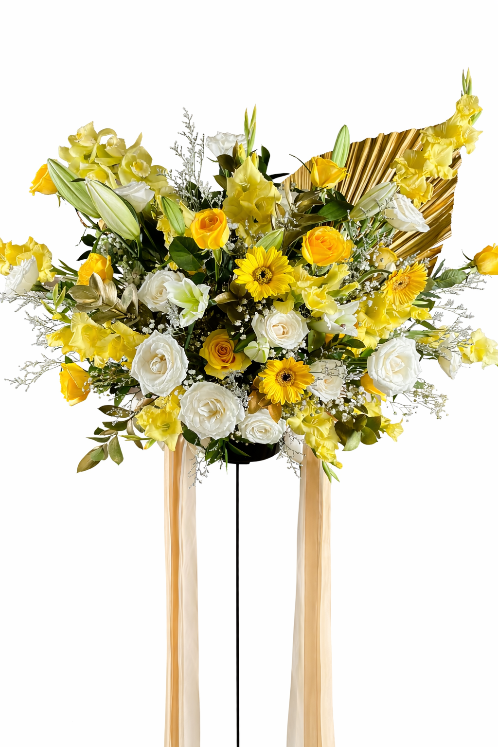 Floral arrangement with yellow and white flowers on a stand in a living room. Standing flower jakarta, surabaya, cirebon by le bliss
