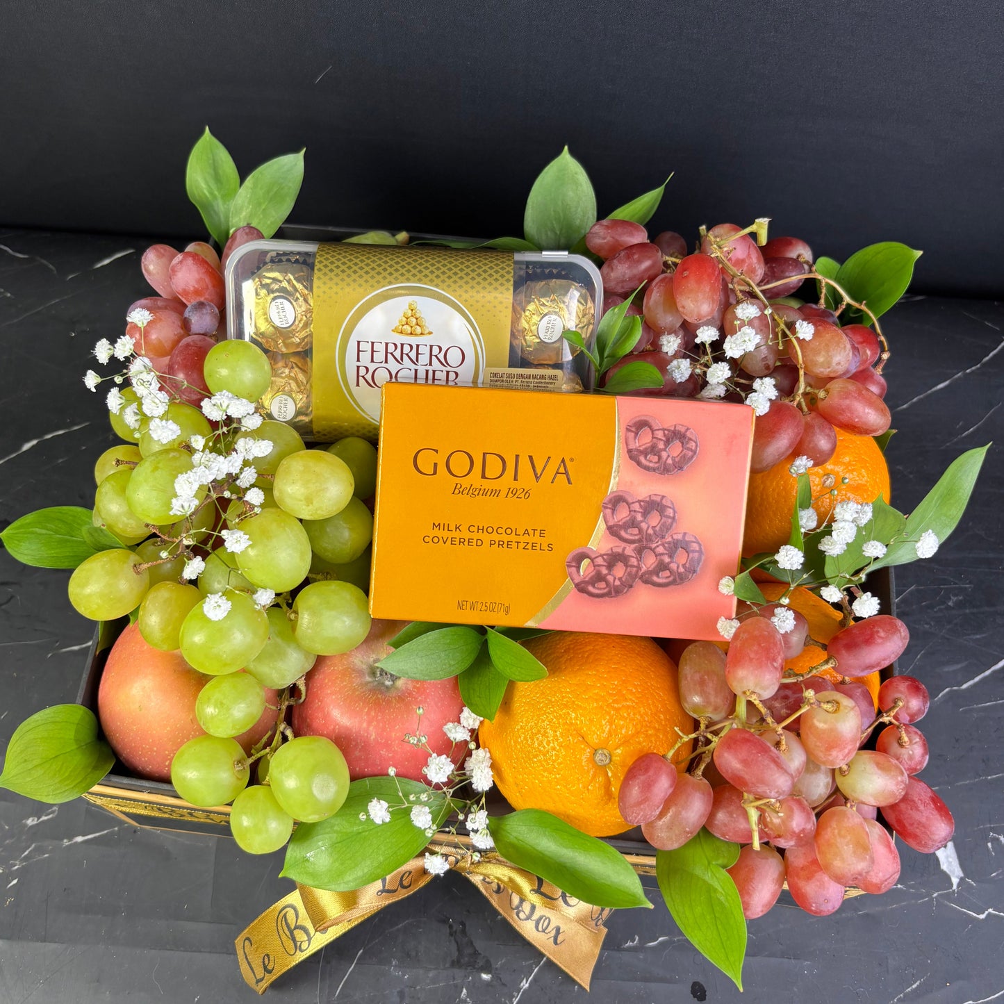 Godiva Pretzel Chocolate with Ferrero Rocher Fruit Box hamper by Le Bliss Box. Jakarta Bintaro Tangerang Surabaya Parcel Buah Delivery