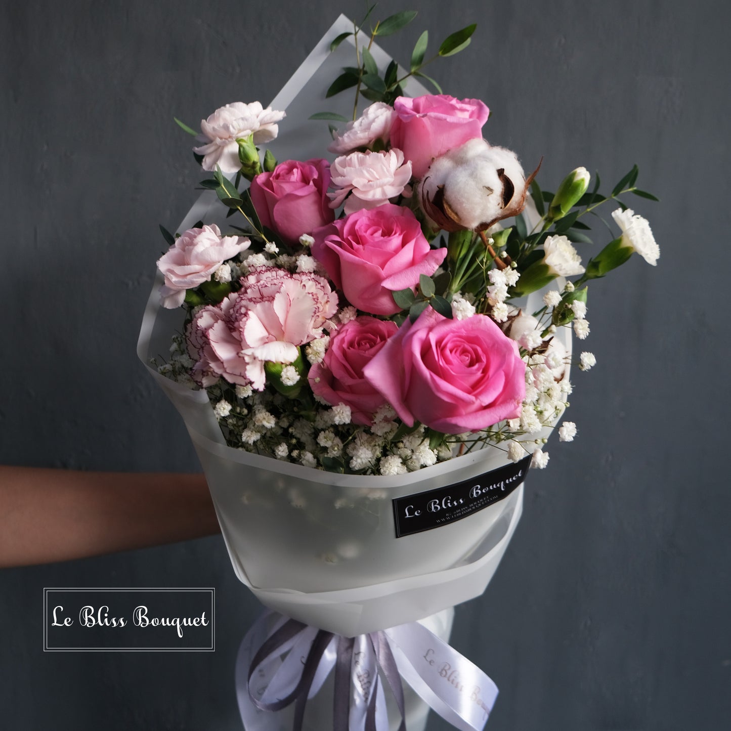 Pink Rose, Carnation and Babysbreath by Le Bliss Bouquet, florist surabaya, fresh flower bouquet surabaya, rose bouquet surabaya, buket bunga surabaya