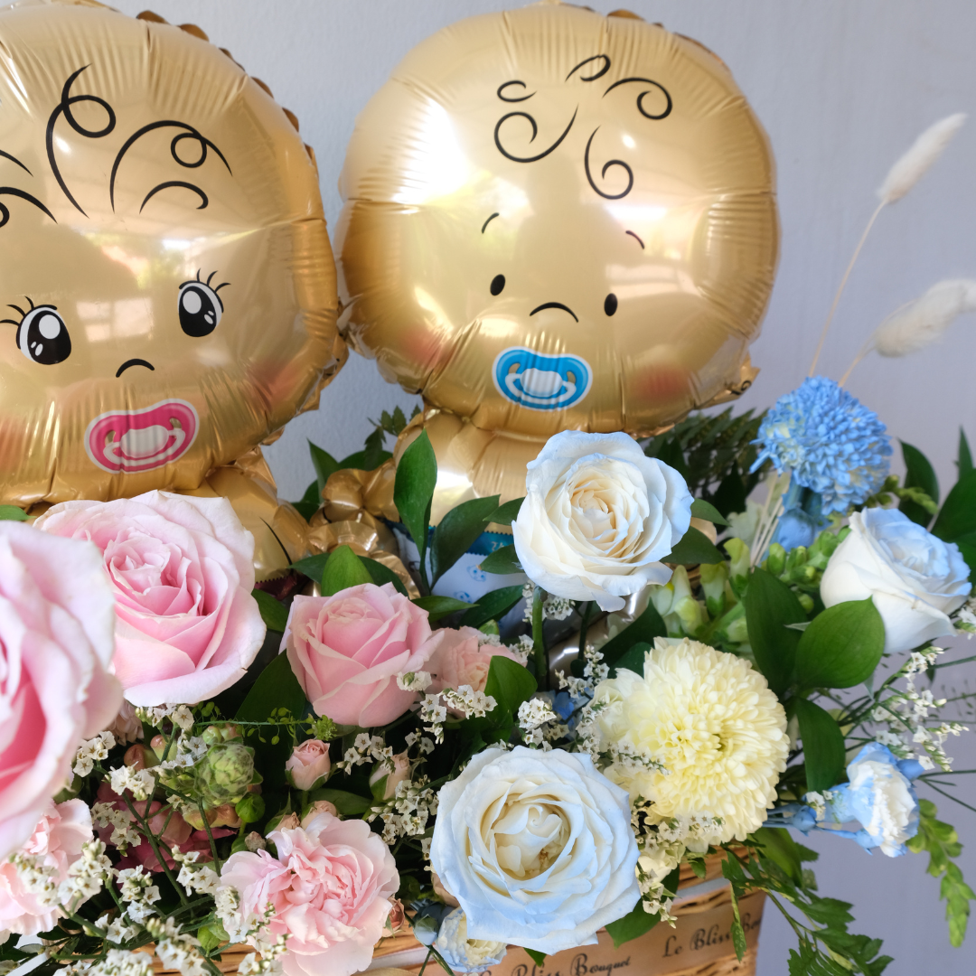Newborn Baby Twins Gift in Rattan - Le Bliss Bouquet