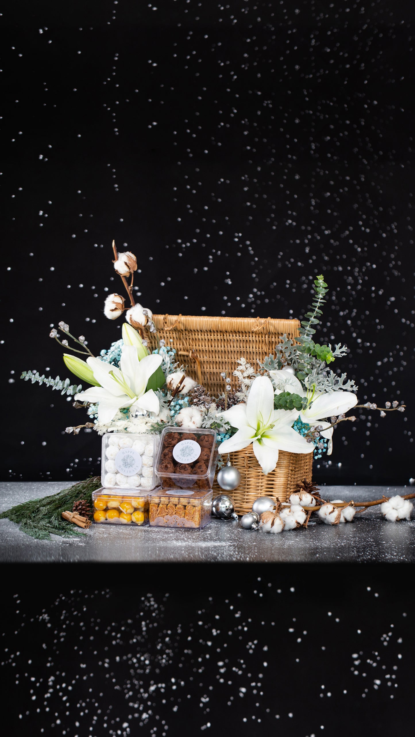 Christmas Hamper PIK Jakarta, filled with cookies and fresh flowers