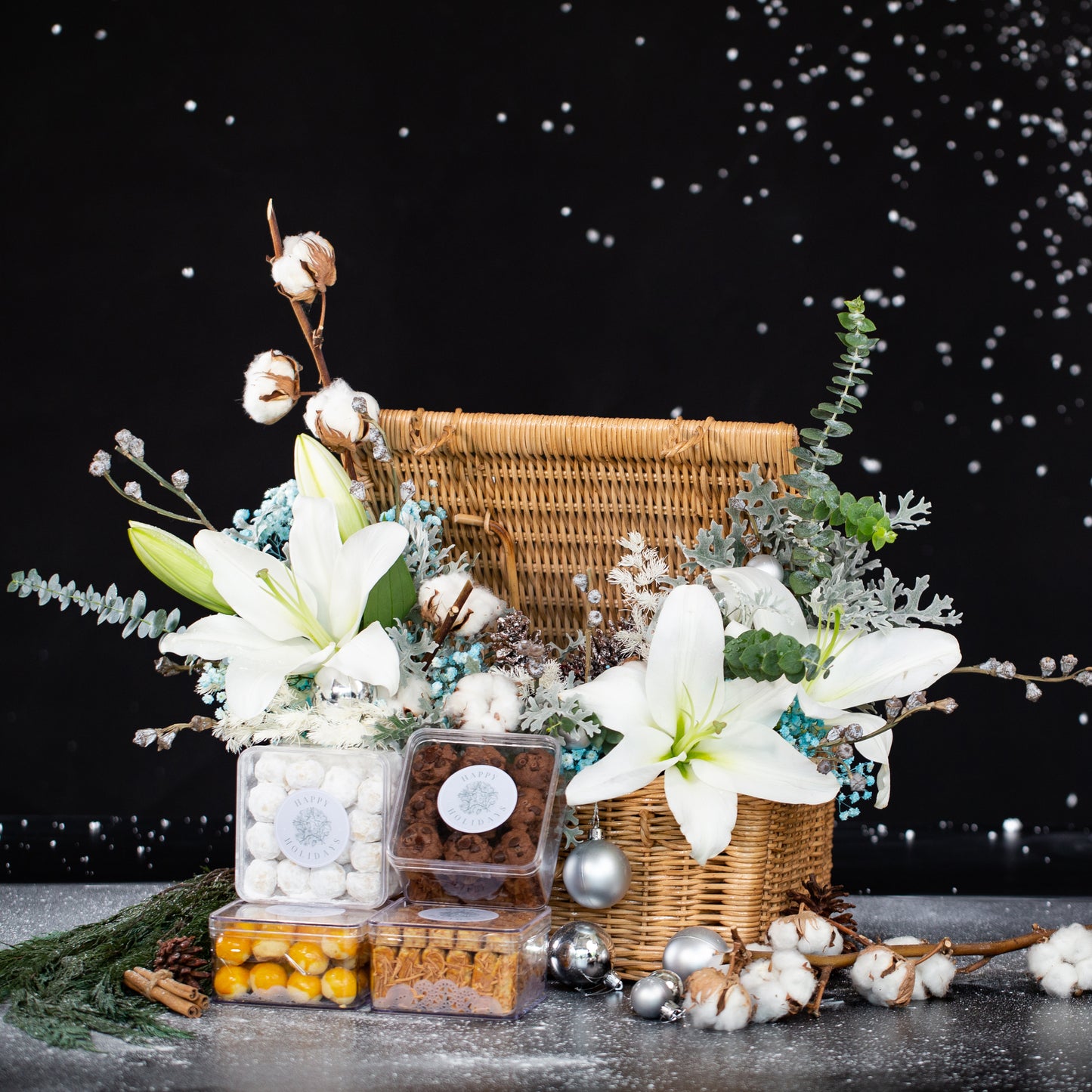 Christmas Hamper PIK  Kelapa Gading Jakarta, filled with cookies and fresh flowers