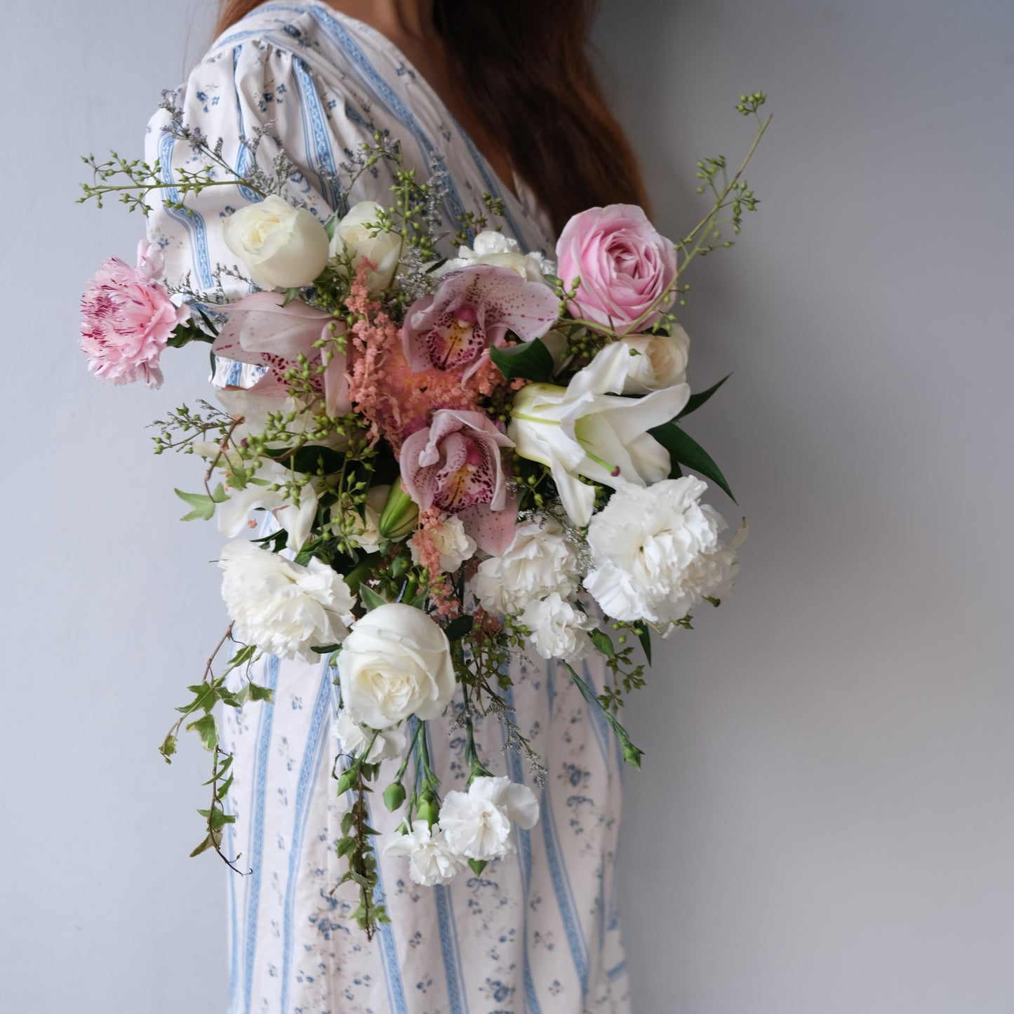 White Pink Cymbidium Cascade Bridal Bouquet