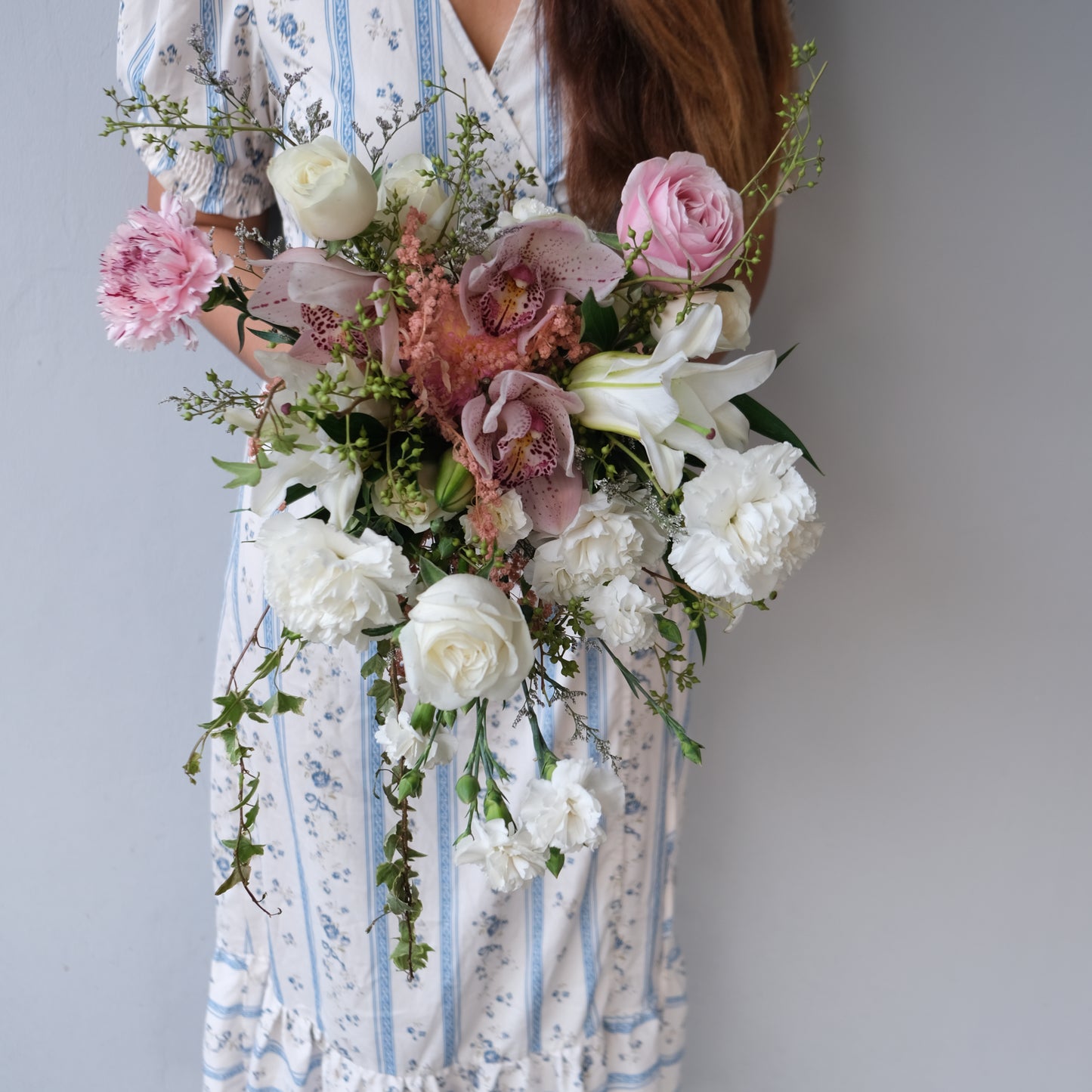 White Pink Cymbidium Cascade Bridal Bouquet