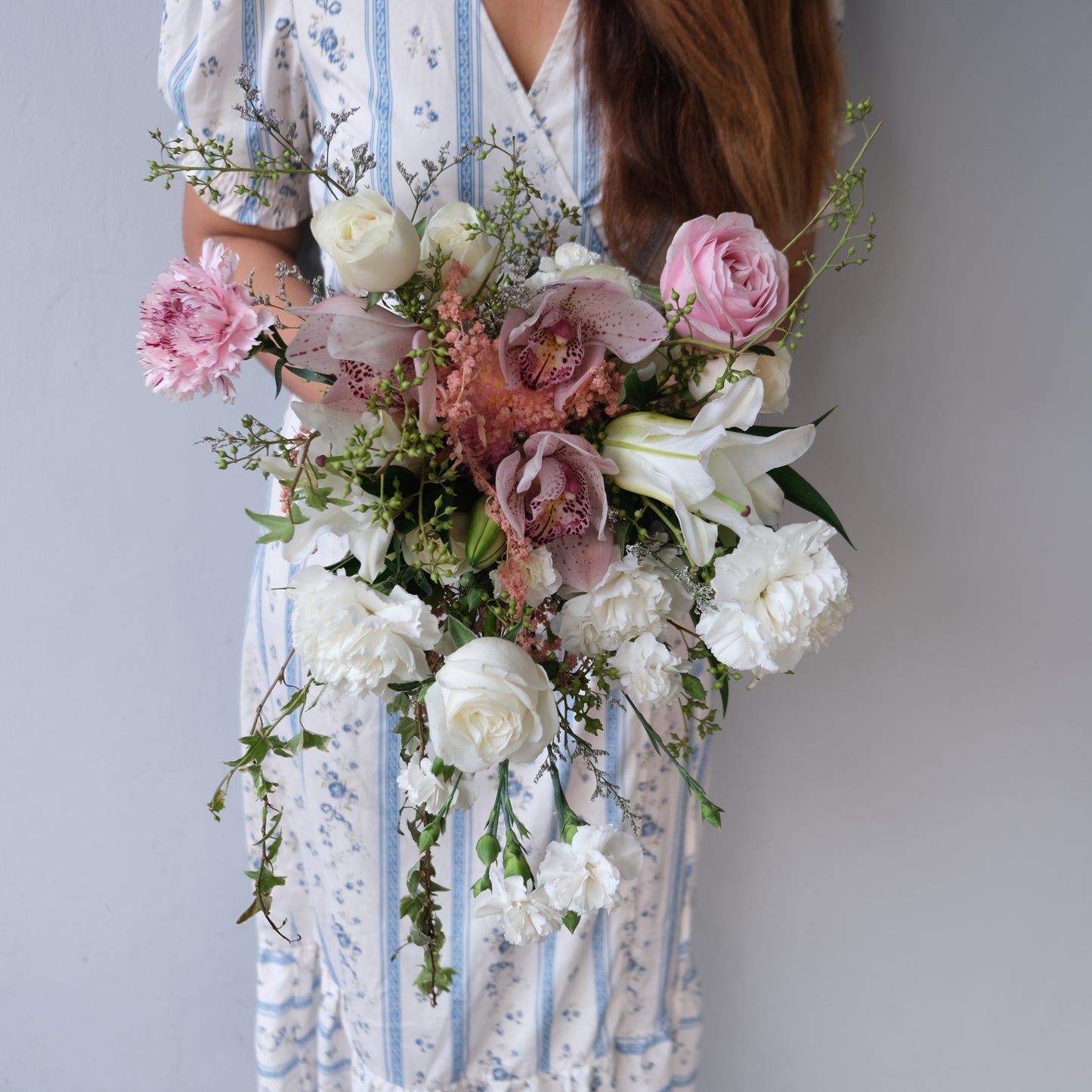 White Pink Cymbidium Cascade Bridal Bouquet