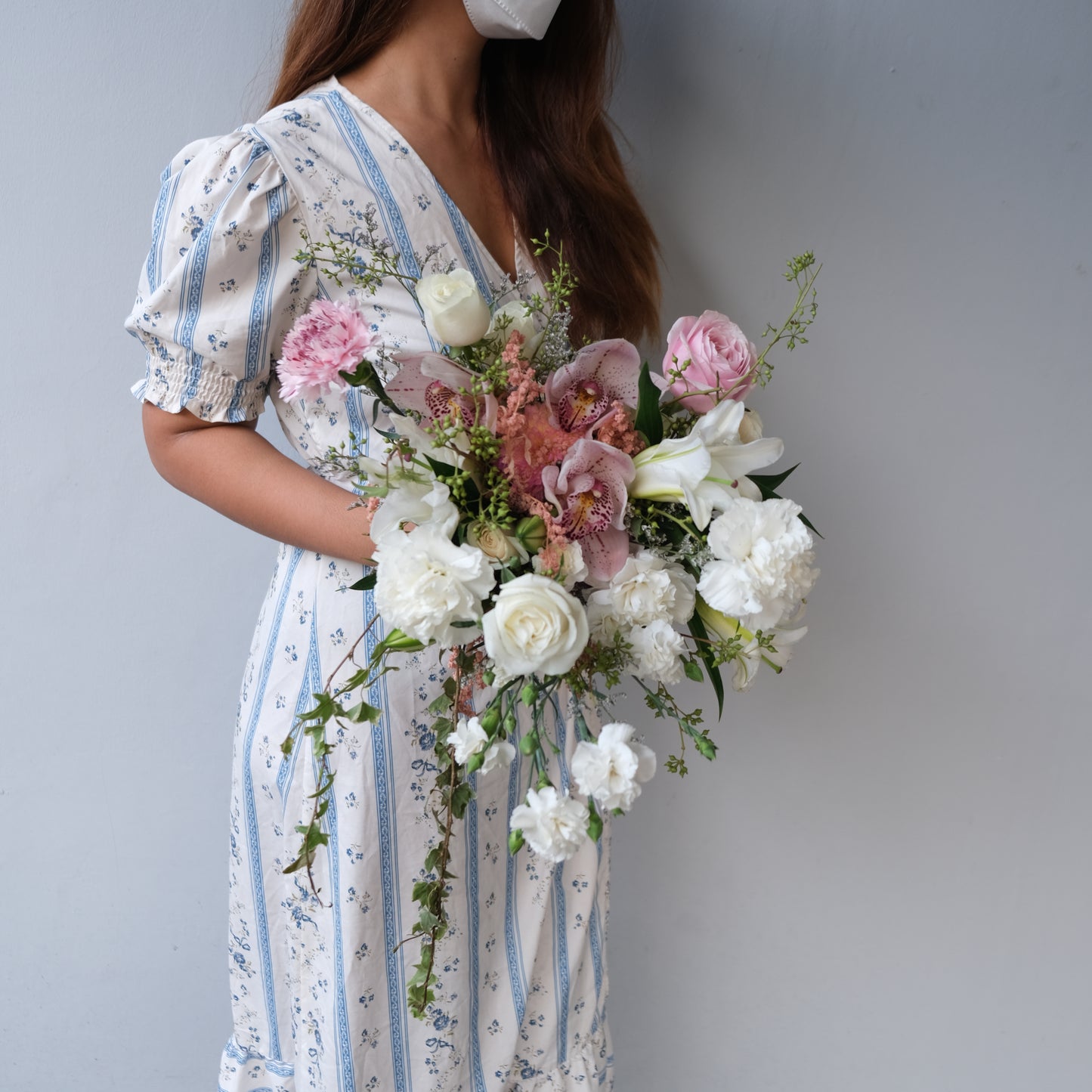 White Pink Cymbidium Cascade Bridal Bouquet