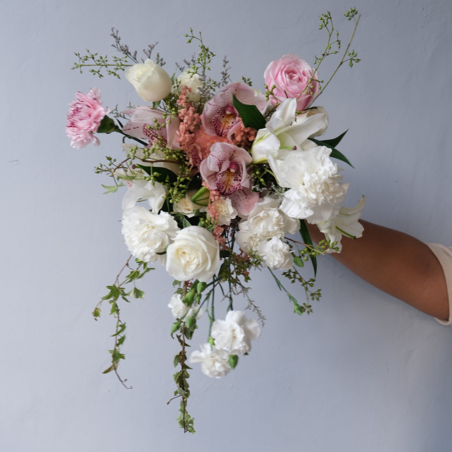 White Pink Cymbidium Cascade Bridal Bouquet