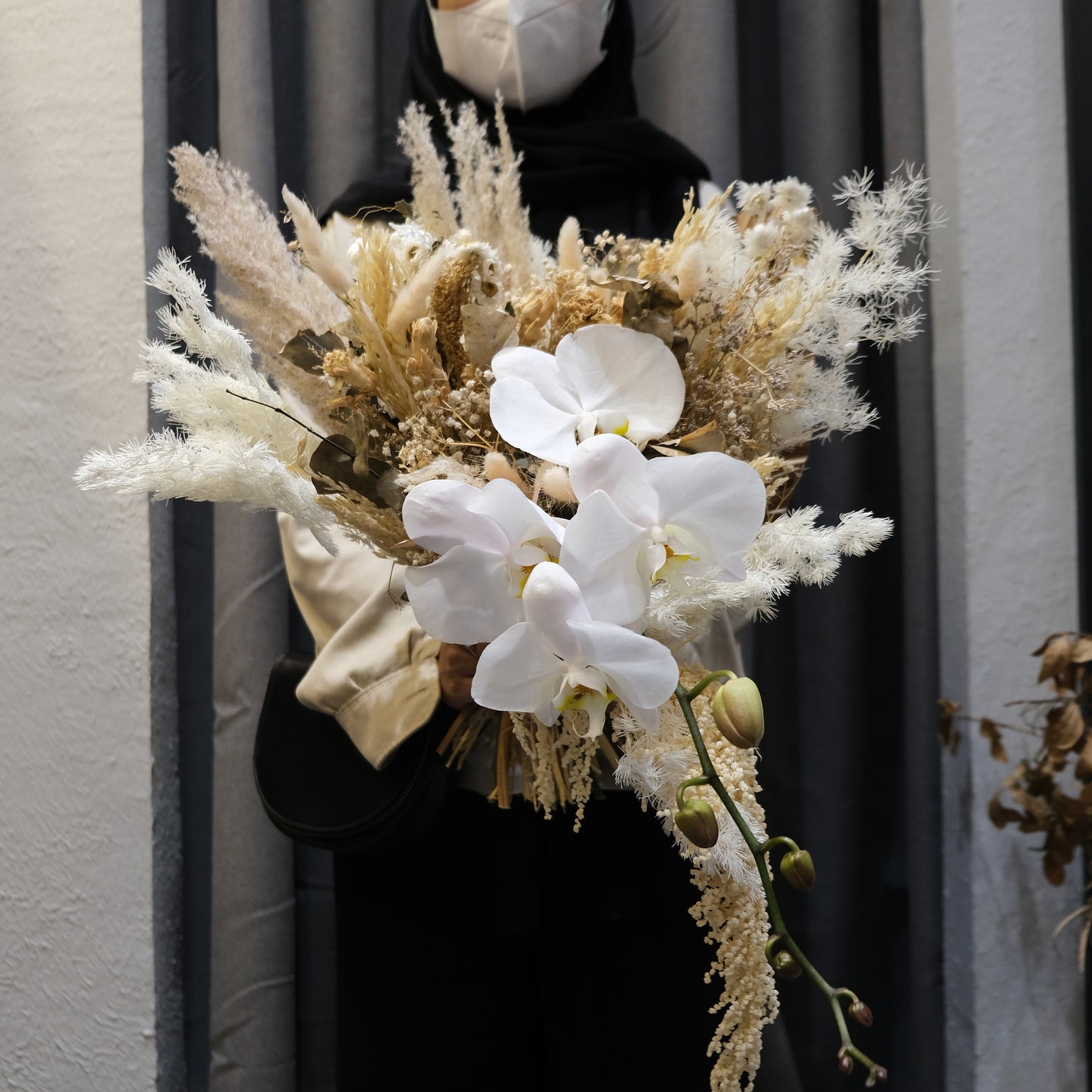 Fresh Orchid & Everlasting Cascade Bridal Bouquet