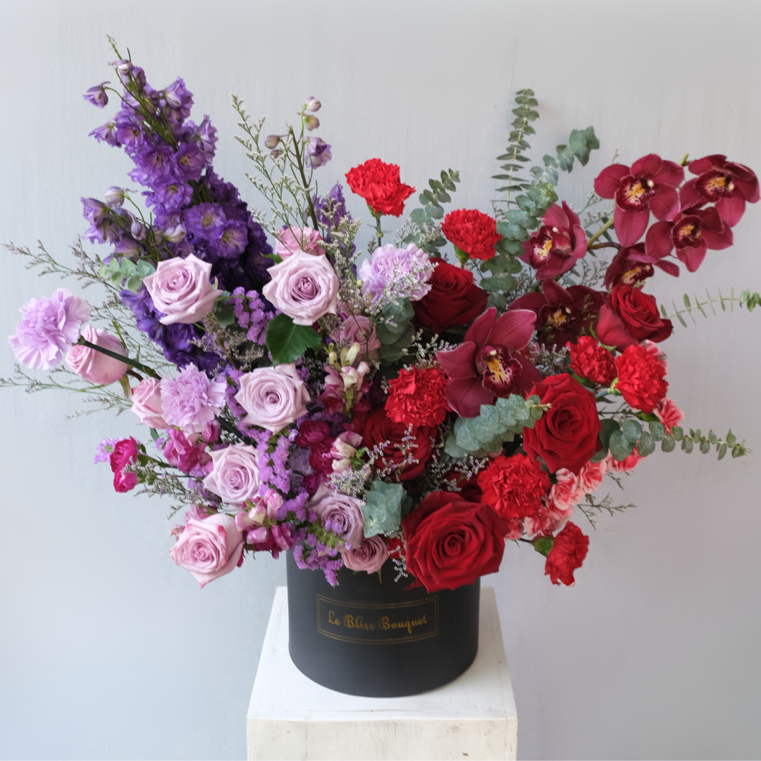 Elegant Maroon Purple Cymbidium Grand Bloombox - Le Bliss Bouquet. Florist Cirebon, Florist Bintaro, Florist Jakarta. Anggrek.