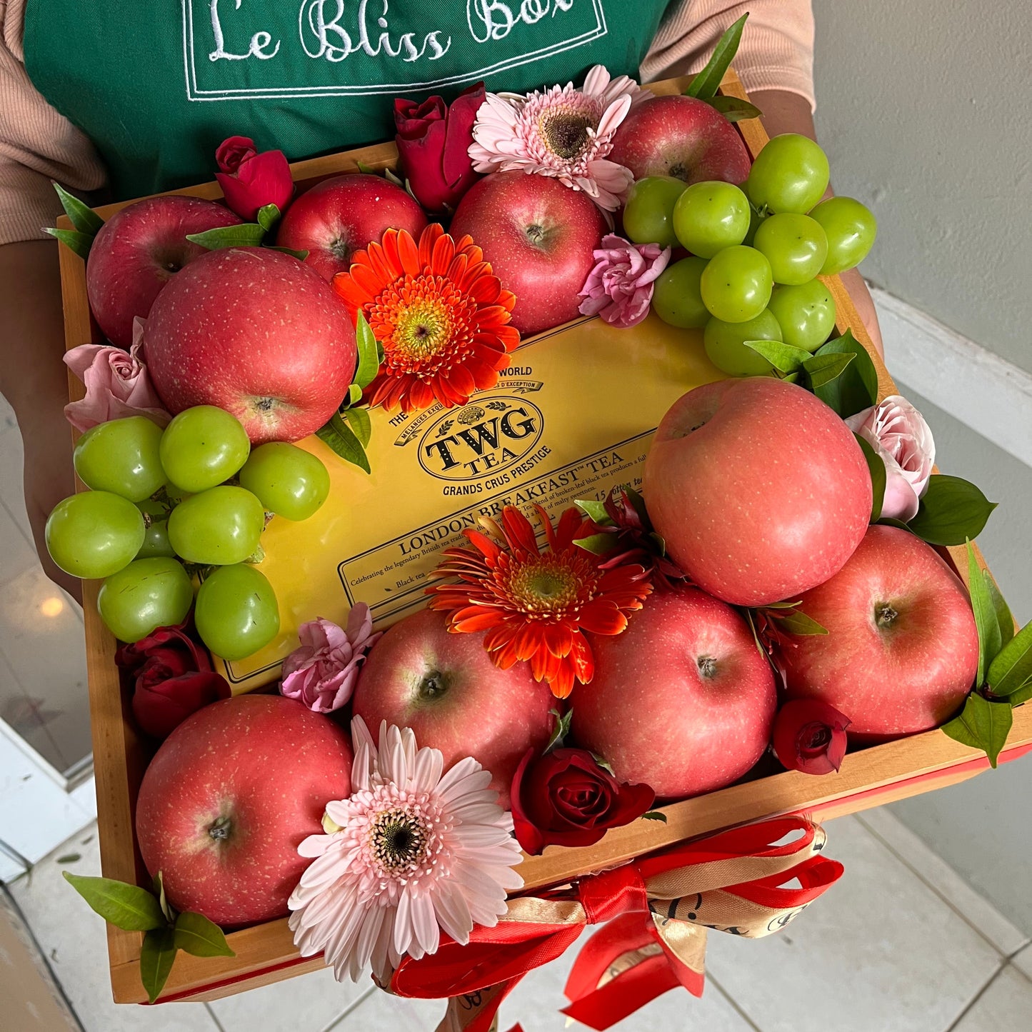 Elegant TWG Tea wooden fruit hamper with premium imported fruits, ideal for delivery in Jakarta, Bintaro, and Tangerang