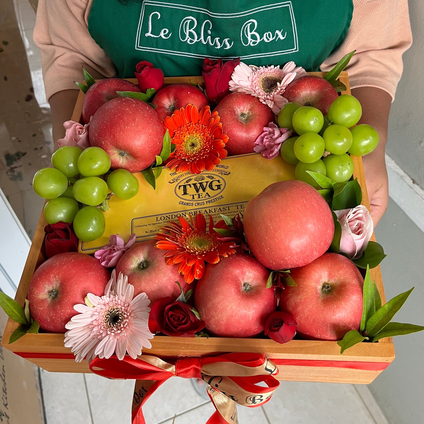 Elegant TWG Tea wooden fruit hamper with premium imported fruits, ideal for delivery in Jakarta, Bintaro, and Tangerang by Le Bliss Box