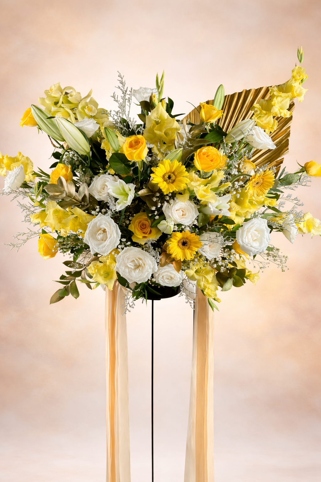 Floral arrangement with yellow and white flowers on a stand against a light background. standing flower surabaya, jakarta, cirebon by le bliss