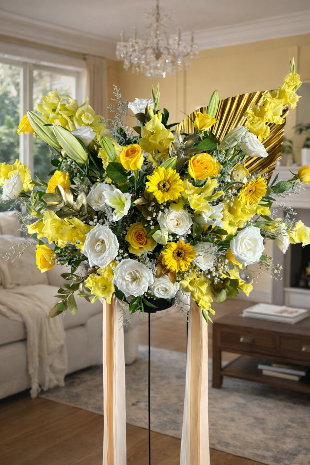 Floral arrangement with yellow and white flowers on a stand in a living room. Standing flower jakarta, surabaya, cirebon