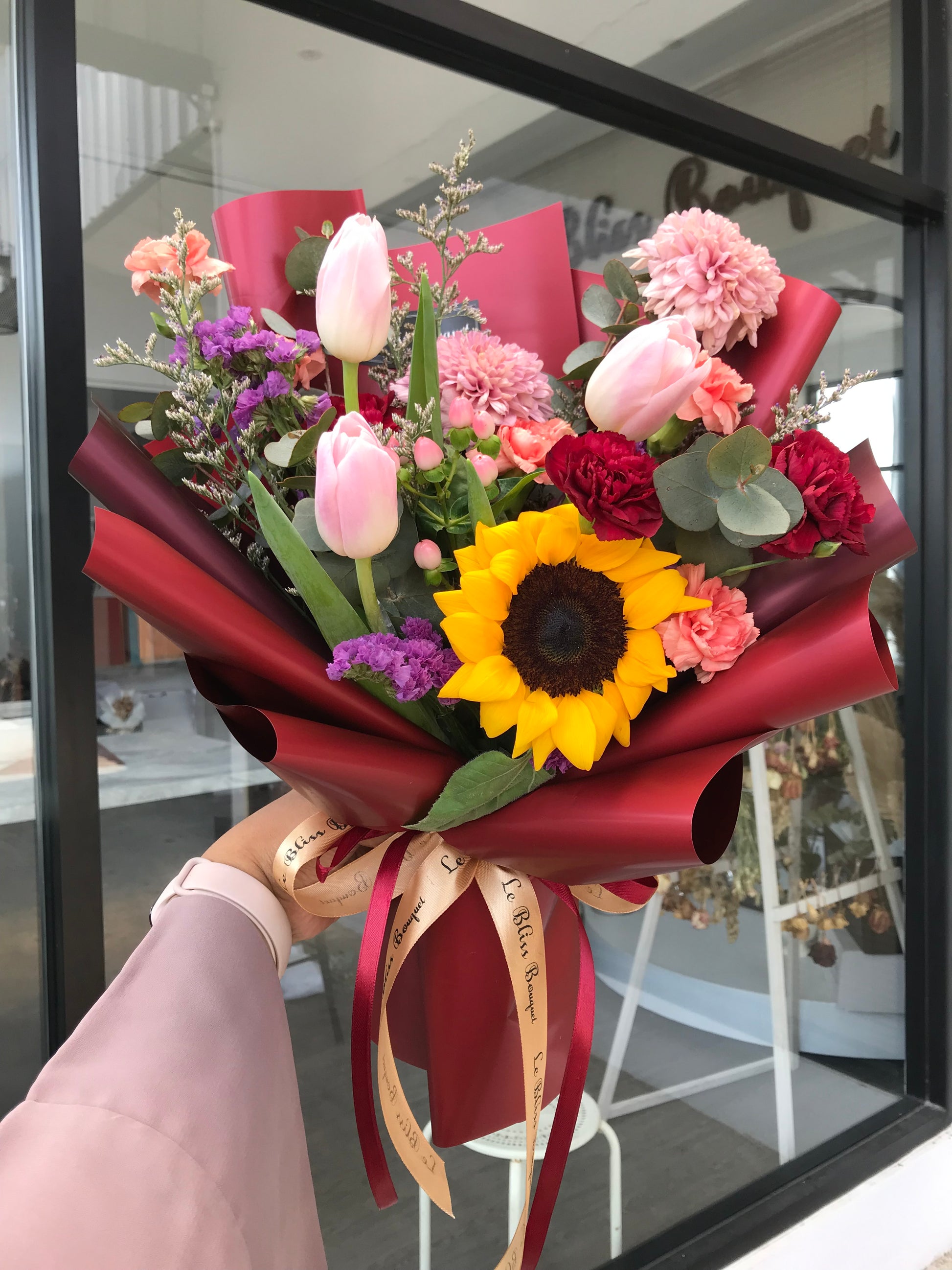 Florist jakarta Le Bliss Bouquet - Tulip &  Sunflower flower bouquet delivery. Toko Bunga jakarta