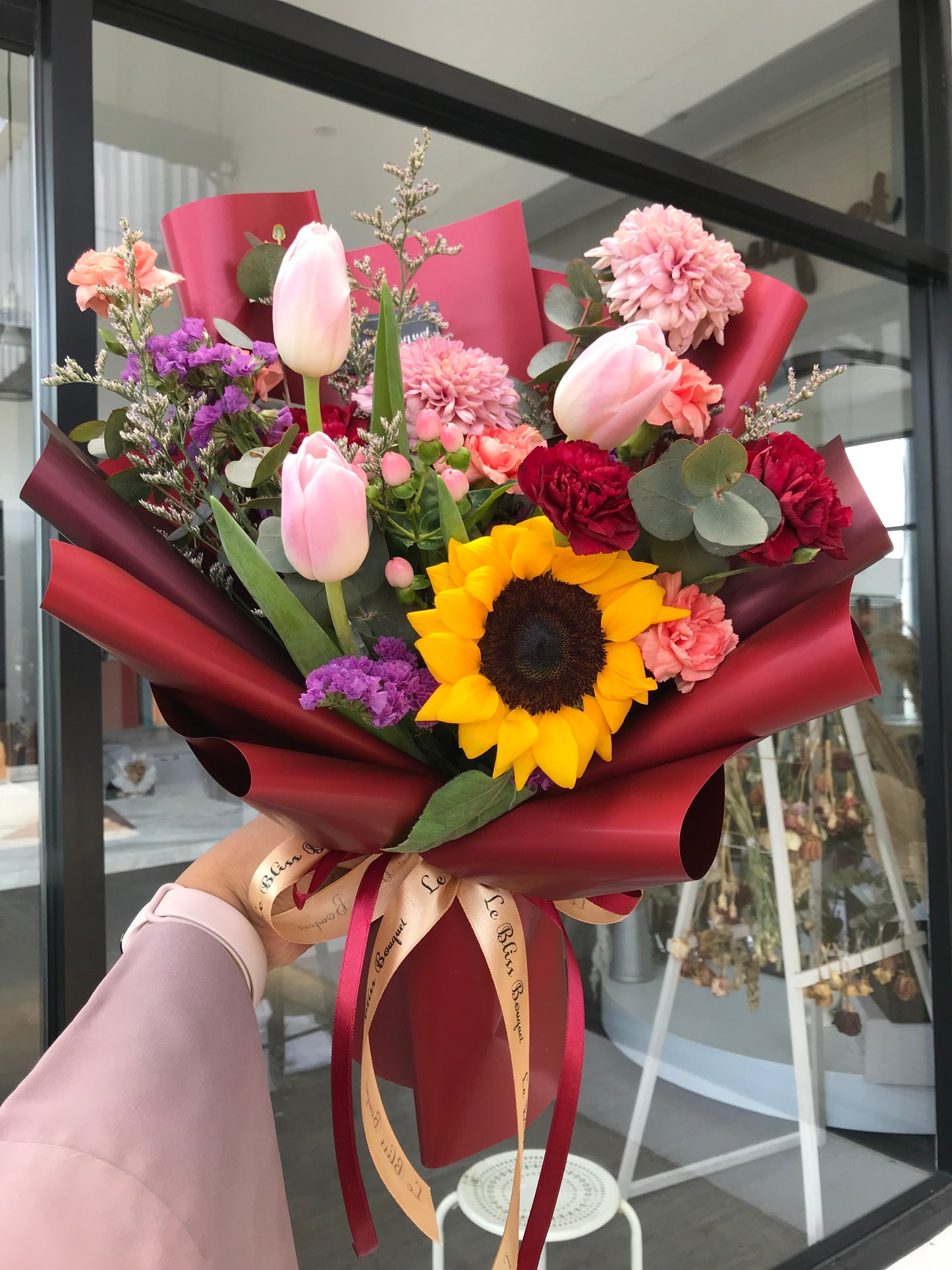 Florist surabaya Le Bliss Bouquet - Tulip &  Sunflower flower bouquet delivery. Toko Bunga surabaya, sidoarjo