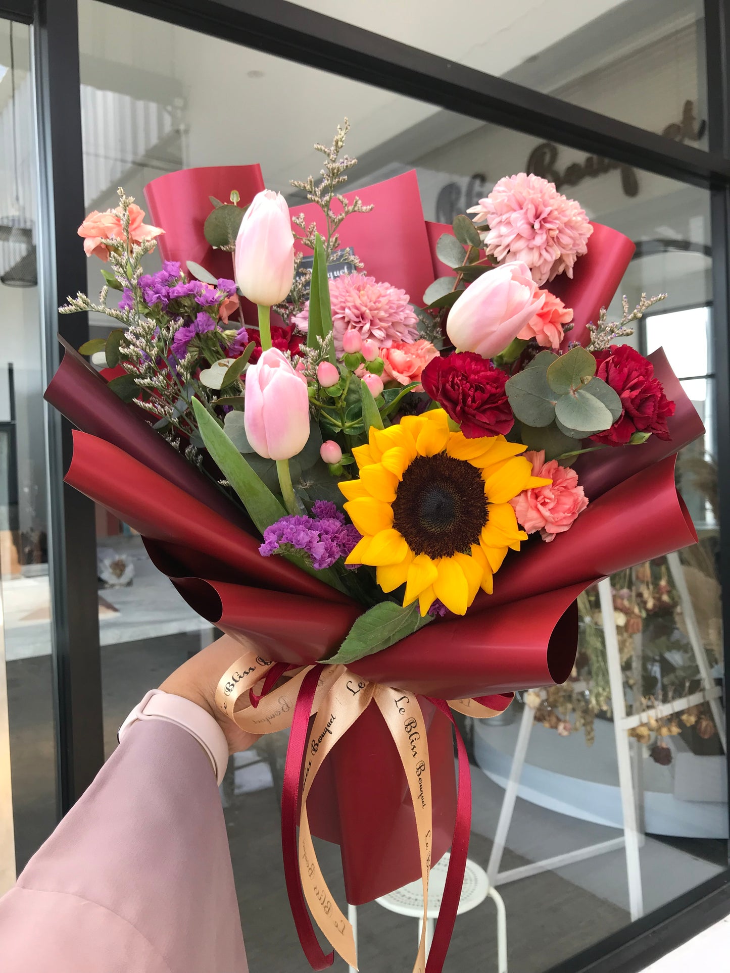 Florist surabaya Le Bliss Bouquet - Tulip &  Sunflower flower bouquet delivery. Toko Bunga surabaya, sidoarjo Jawa timur
