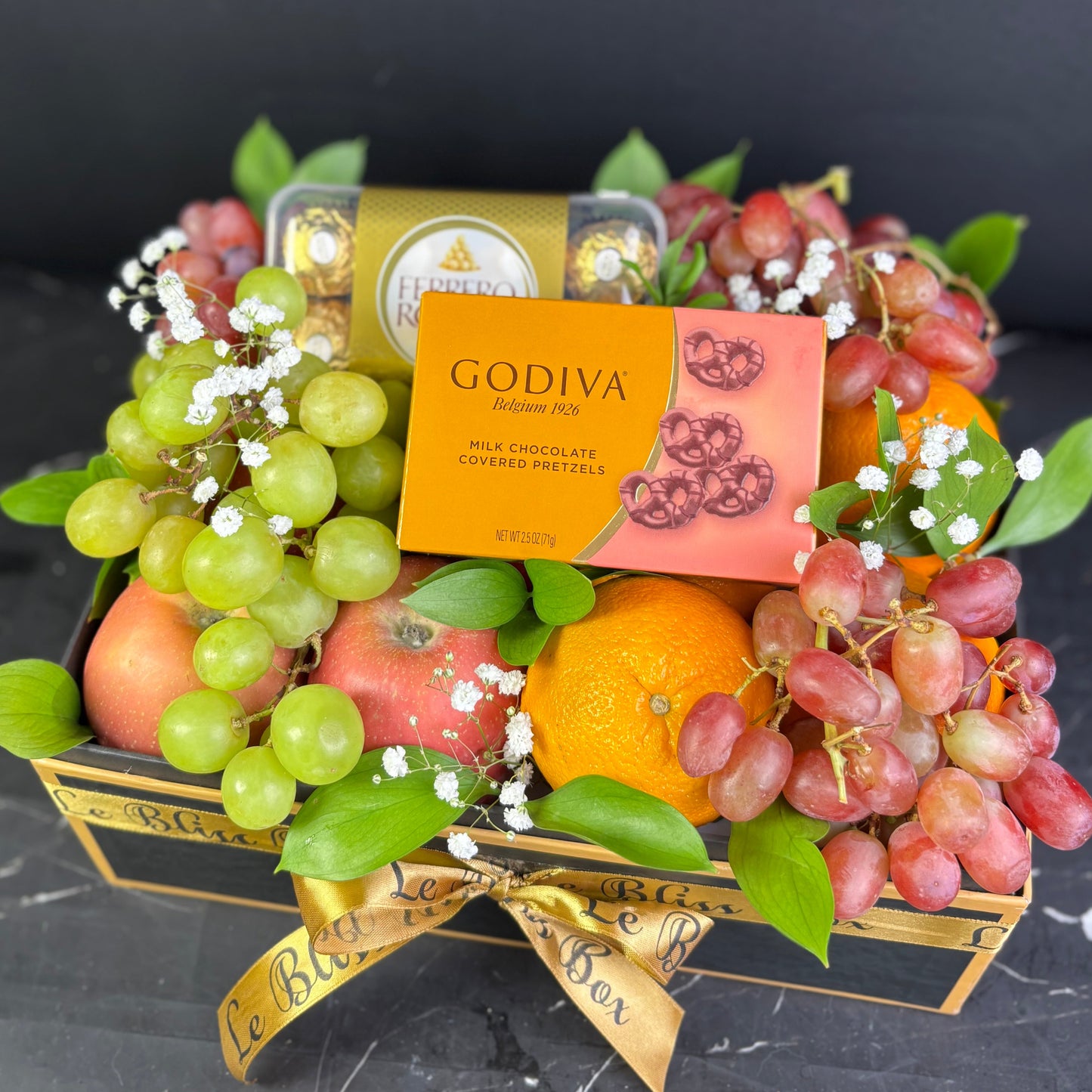 Godiva Pretzel Chocolate with Ferrero Rocher Fruit Box hamper by Le Bliss Box. Jakarta Bintaro Tangerang Surabaya Delivery Indonesia Fruit hamper shop