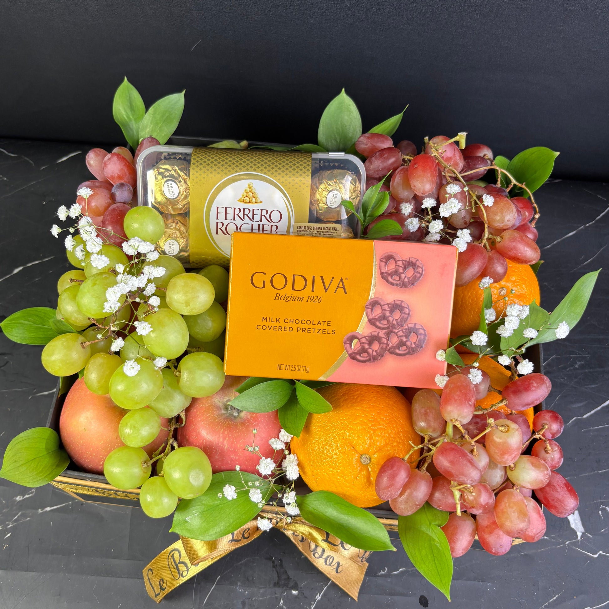 Godiva Pretzel Chocolate with Ferrero Rocher Fruit Box hamper by Le Bliss Box. Jakarta Bintaro Tangerang  Surabaya Parcel Buah Delivery
