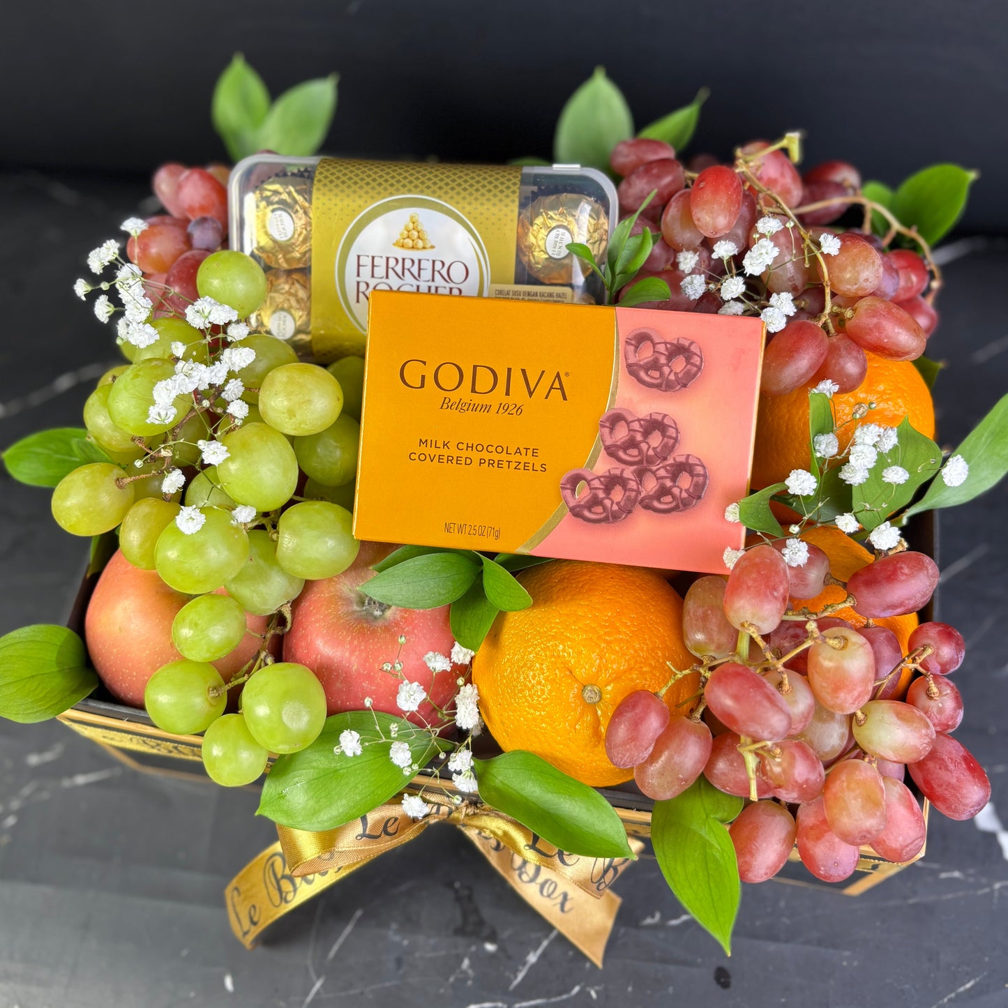 Godiva Pretzel Chocolate with Ferrero Rocher Fruit Box hamper by Le Bliss Box. Jakarta Delivery Indonesia Gift Hamper