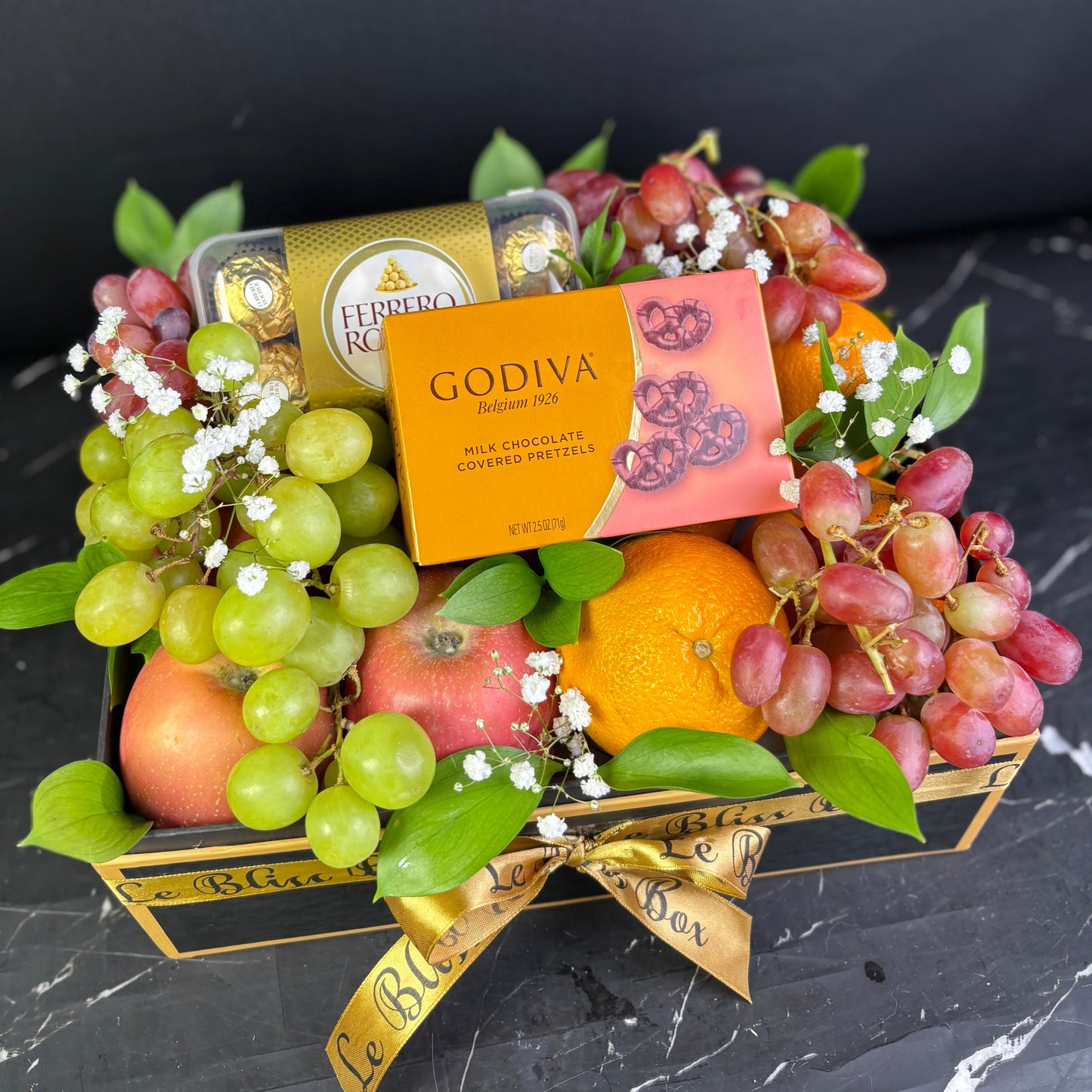 Godiva Pretzel Chocolate with Ferrero Rocher Fruit Box hamper by Le Bliss Box. Surabaya Parcel Buah
