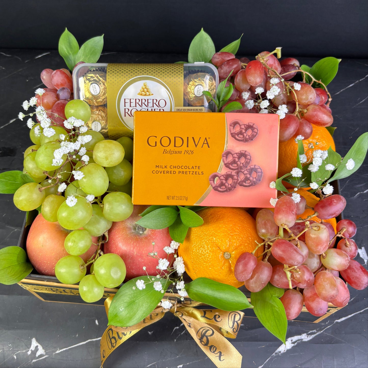 Godiva Pretzel Chocolate with Ferrero Rocher Fruit Box hamper by Le Bliss Box. parcel buah surabaya, parcel buah jakarta