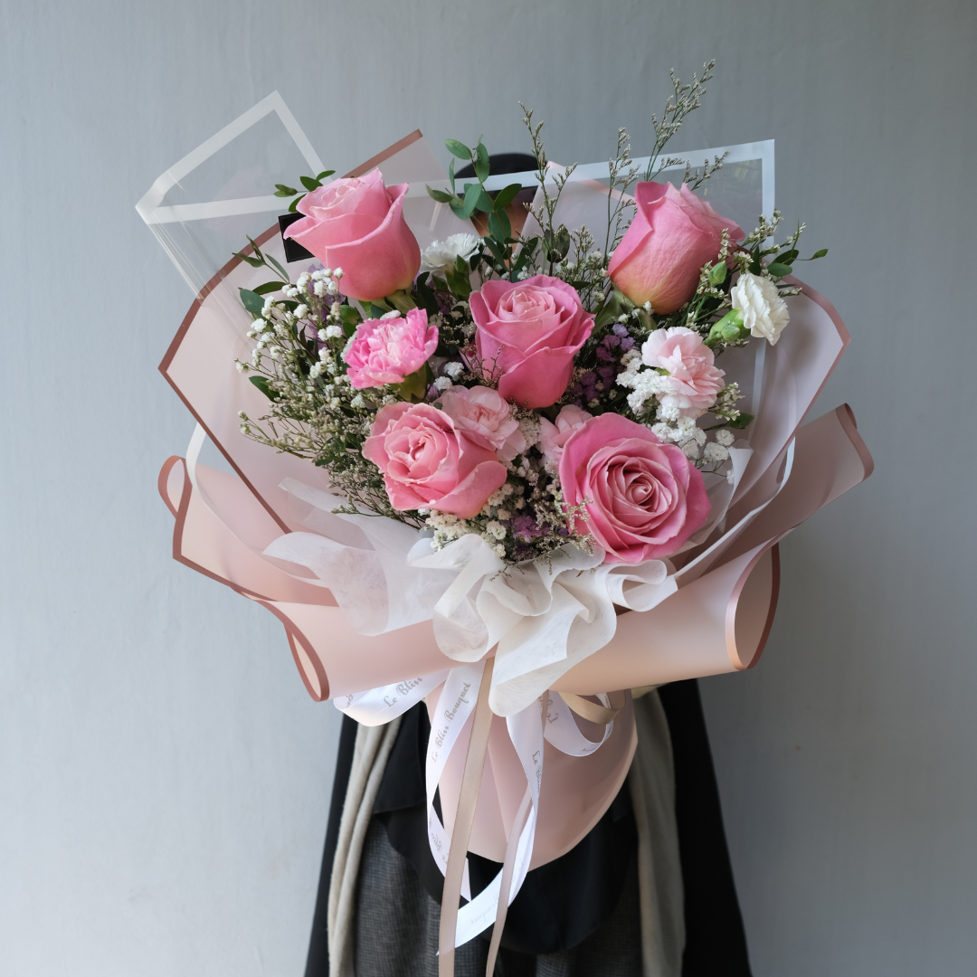 Hermosa Rose Bouquet with soft pink roses wrapped elegantly – available at Le Bliss, florist jakarta