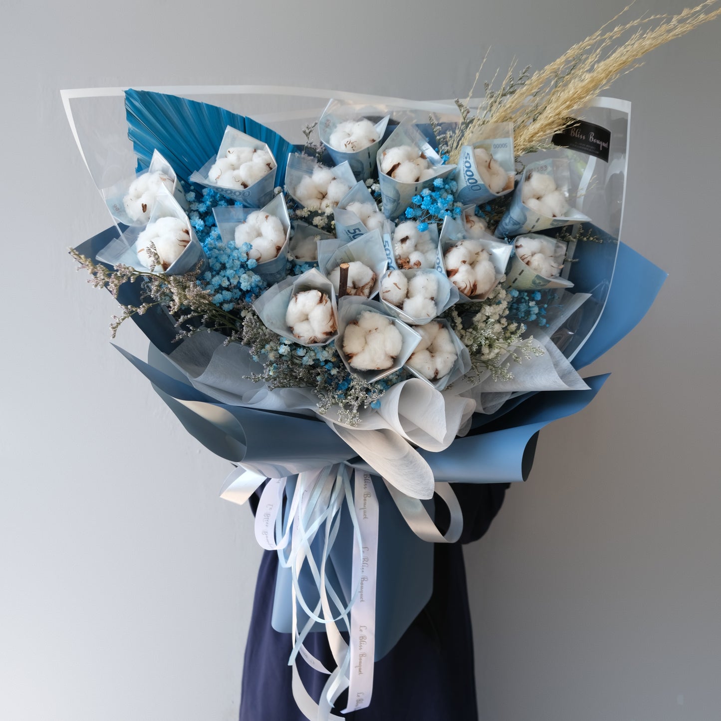 Everlasting Cotton Blue Money Bouquet | 20 Lembar