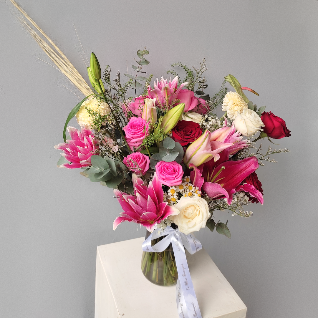 Blissful Pink Fanta Lily Red Vase
