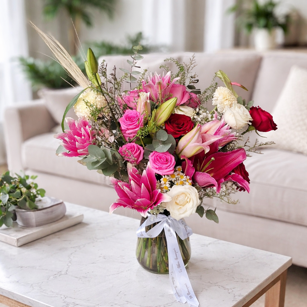 Blissful Pink Fanta Lily Red Vase