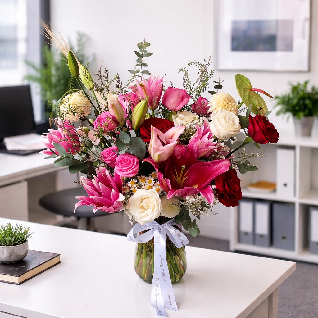 Blissful Pink Fanta Lily Red Vase