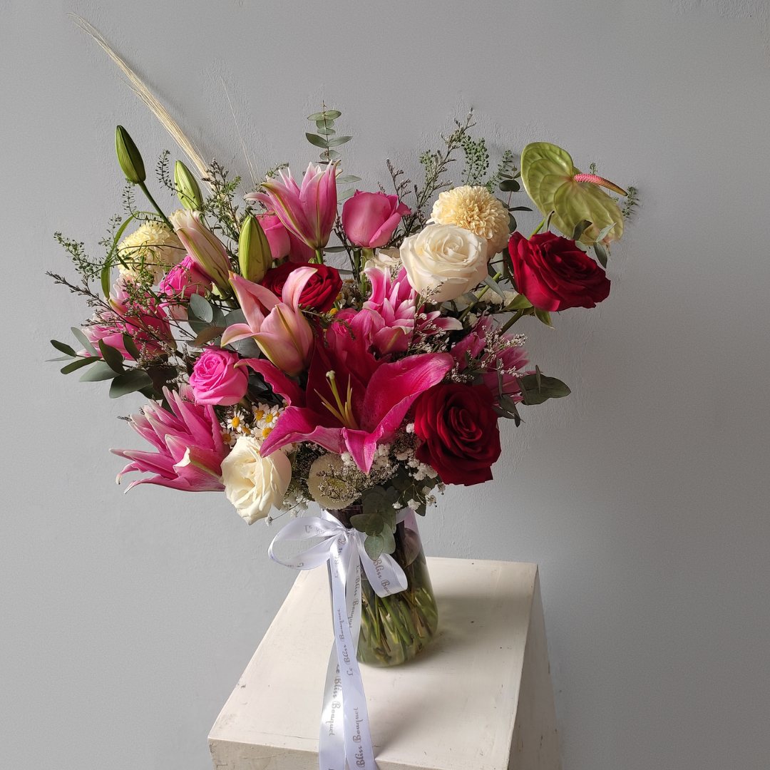 Blissful Pink Fanta Lily Red Vase