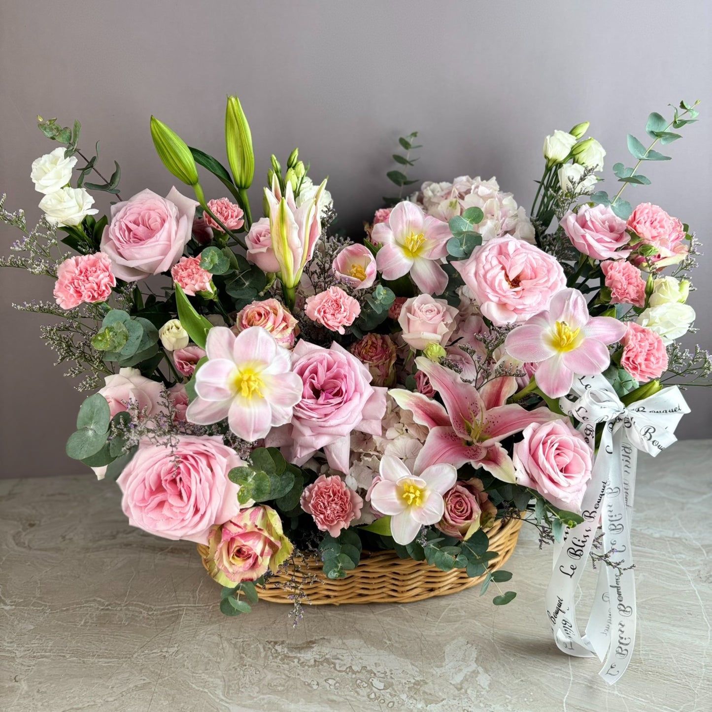 Grand Pink Blooming Import Flower Basket