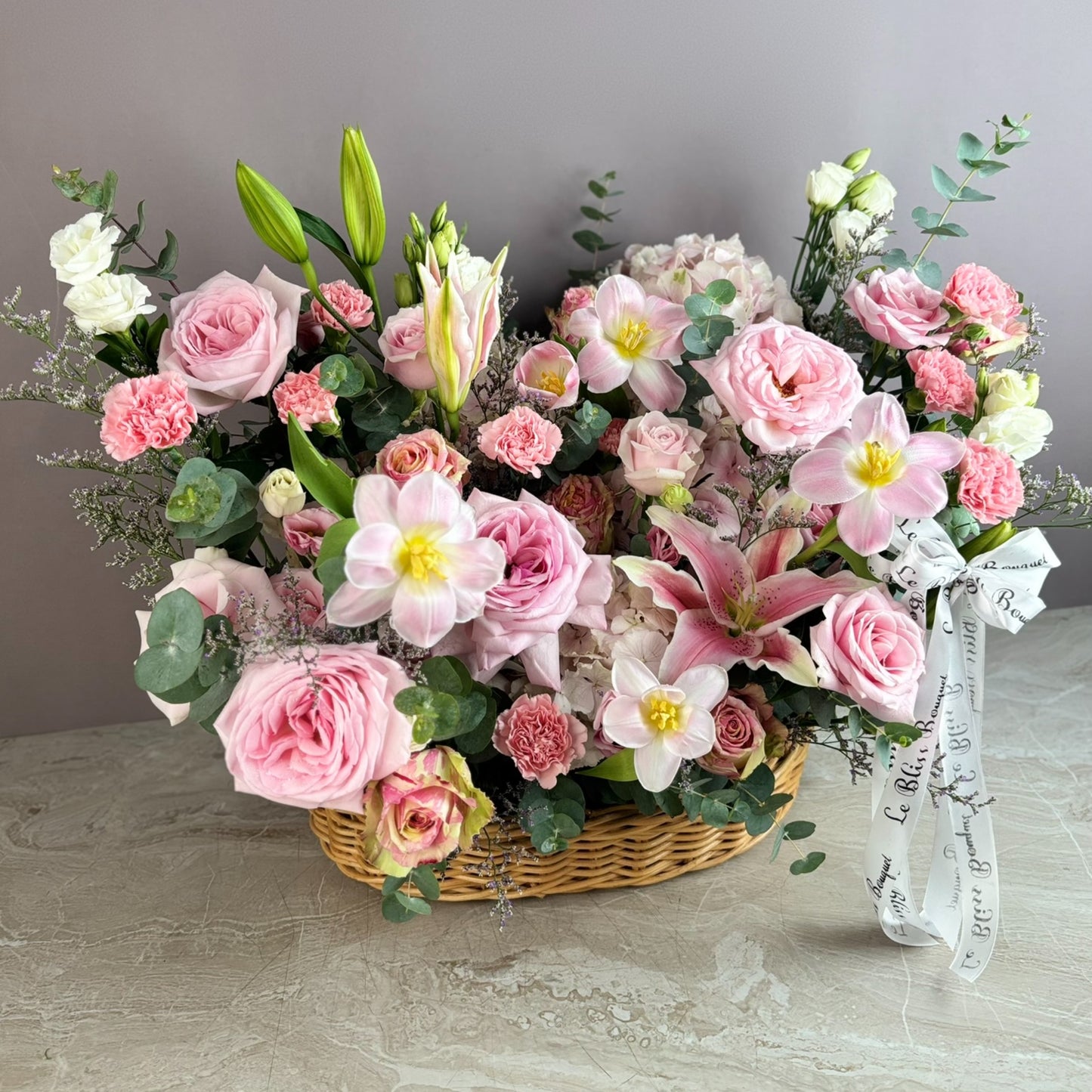 Grand Pink Blooming Import Flower Basket