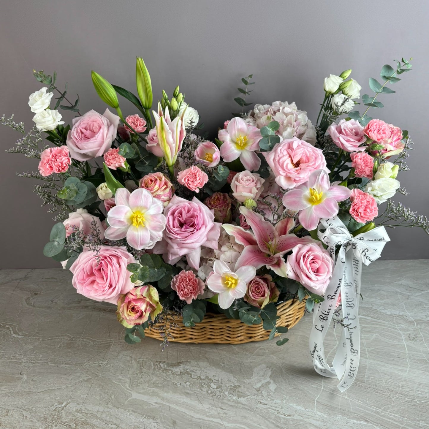 Grand Pink Blooming Import Flower Basket