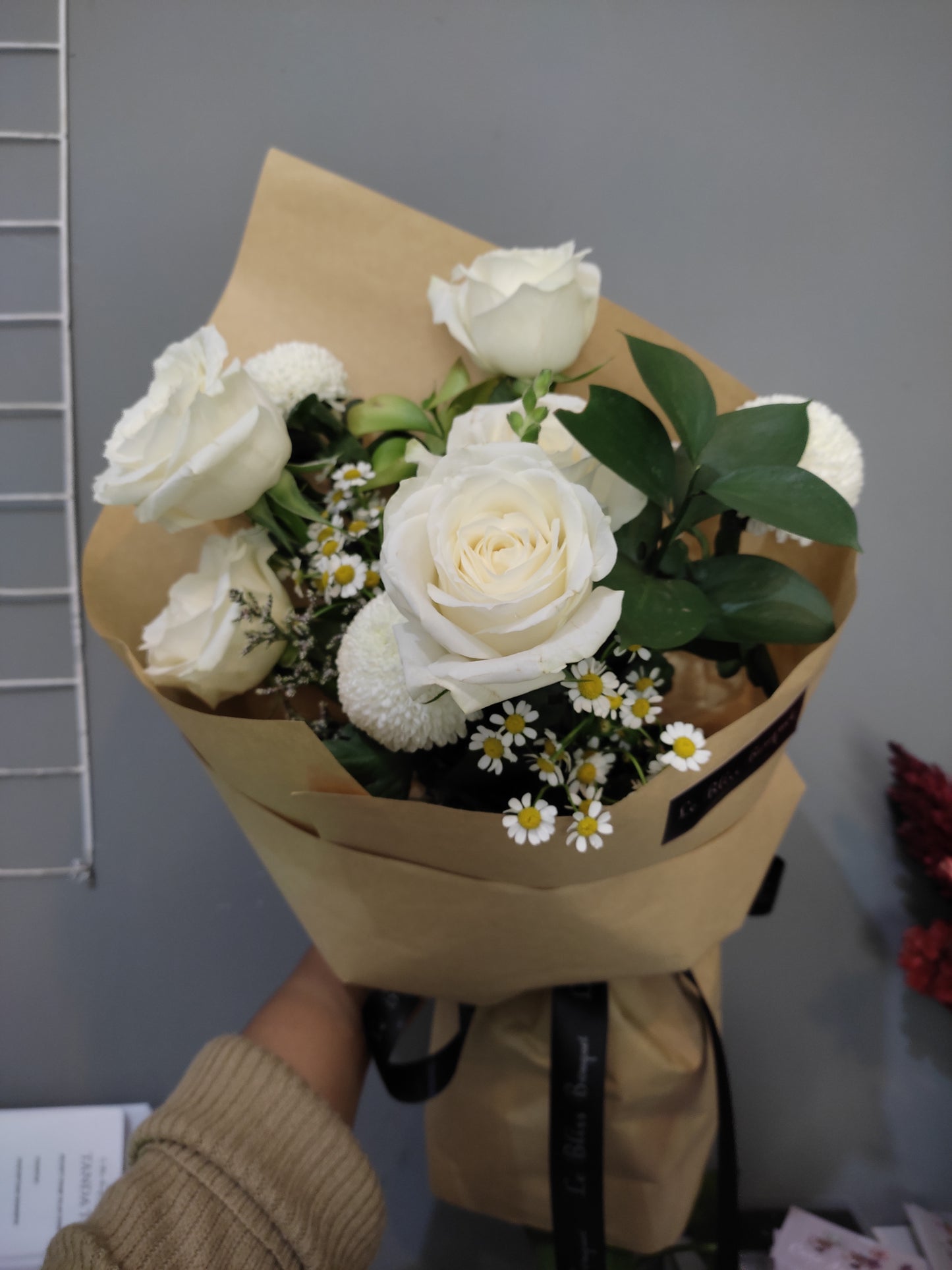White Rose Chamomile Rustic Smallie Bouquet