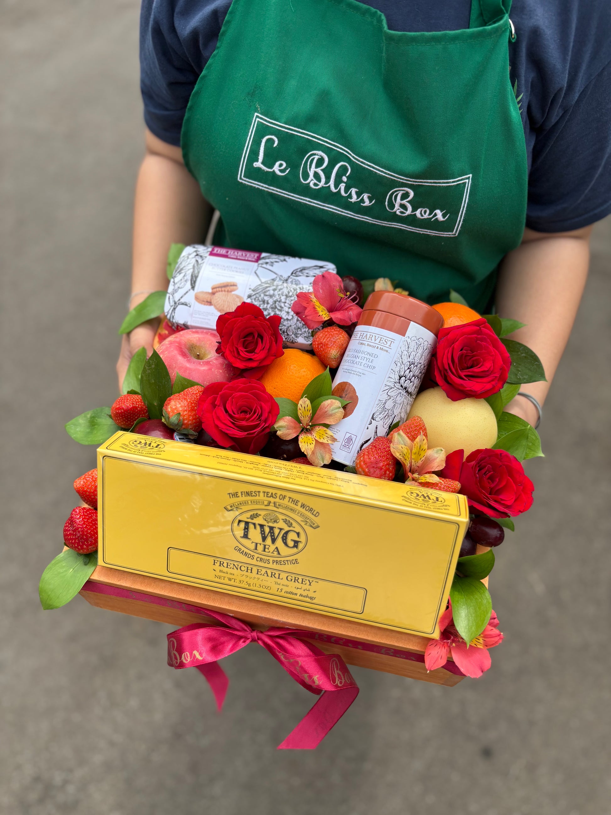 Luxury hamper with TWG Tea, cookies, and imported fresh fruits in a rustic wooden box, gift-ready by Le Bliss Box - jakarta bintaro