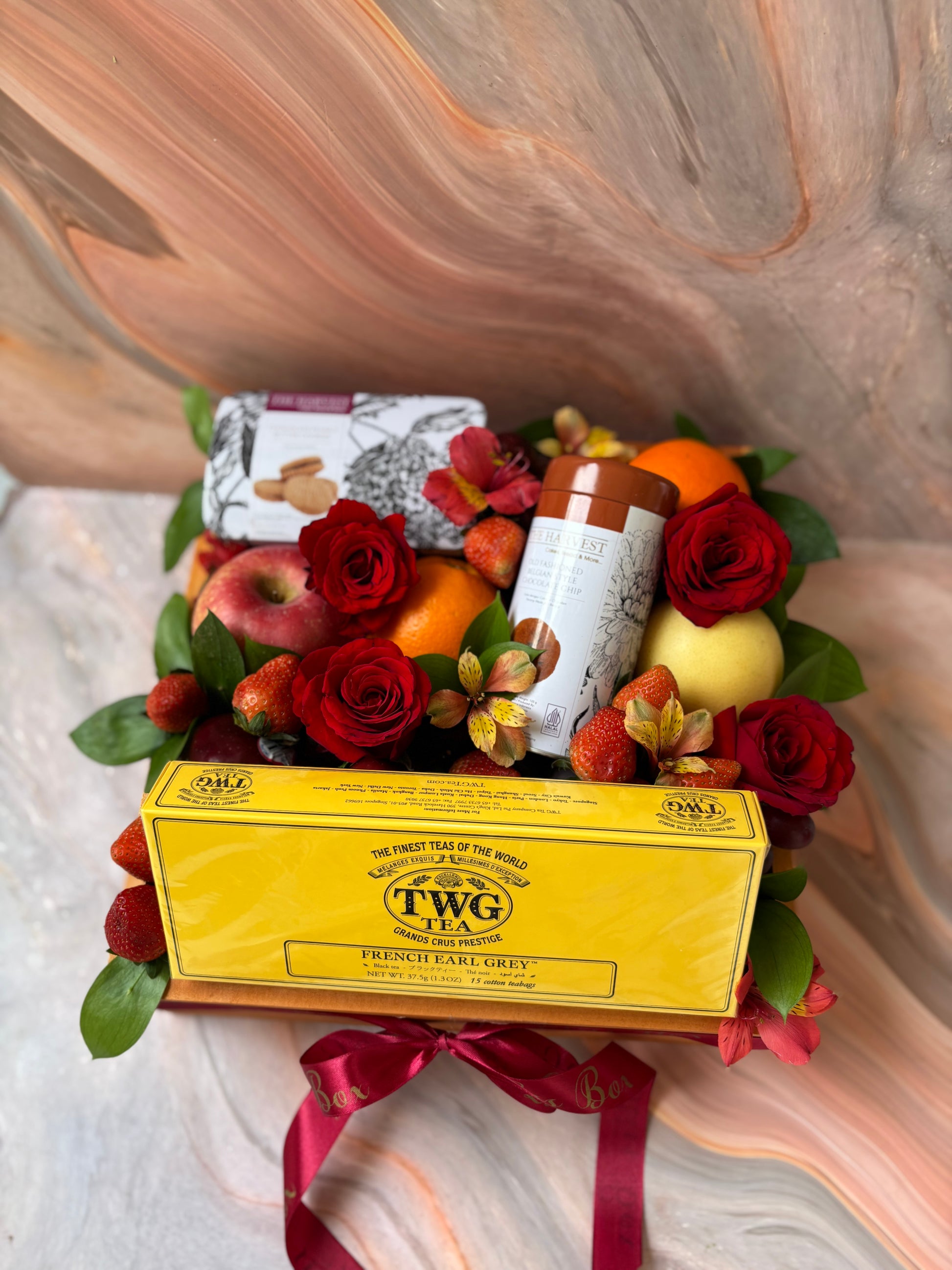 Luxury hamper with TWG Tea, cookies, and imported fresh fruits in a rustic wooden box, gift-ready by Le Bliss Box - jakarta indonesia delivery.
