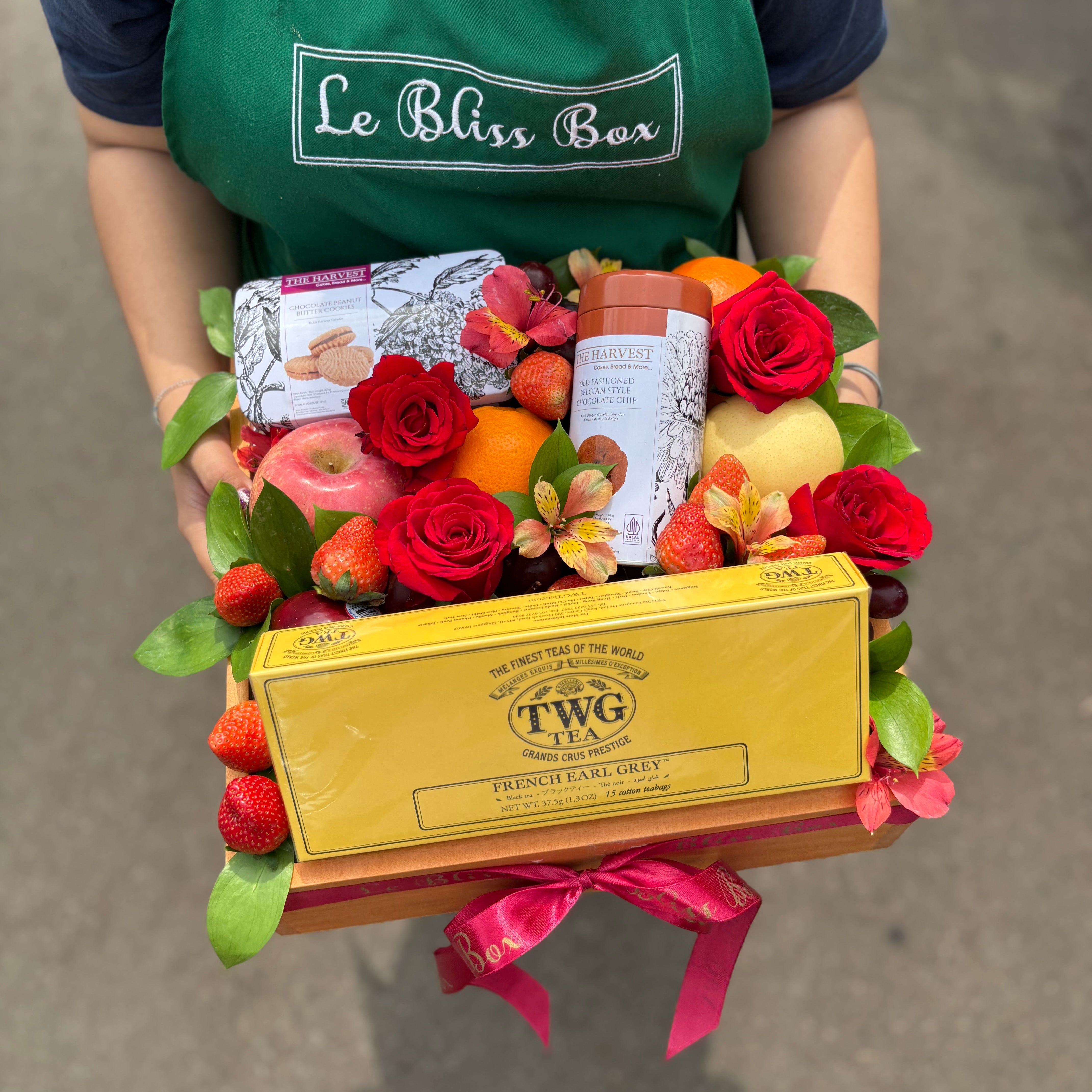 Luxury hamper with TWG Tea, cookies, and imported fresh fruits in a rustic wooden box, gift-ready by Le Bliss Box - jakarta tangerang delivery.