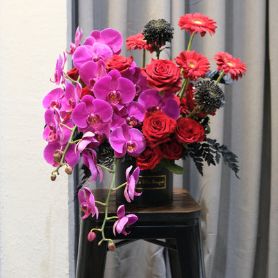 Midnight Orchid Luxe petite bloombox featuring vibrant purple orchids, red explorer roses, and black chrysanthemums in a round black Le Bliss Bouquet box – luxury flower arrangement for delivery in Jakarta, Bintaro, Tangerang, and Cirebon
