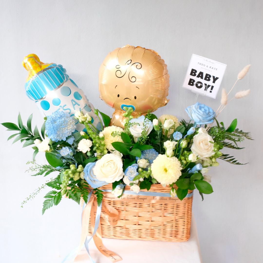 Parcel bunga spesial untuk bayi laki-laki baru lahir, hadiah rotan untuk bayi di Cirebon, Jakarta, Bintaro, Tangerang.