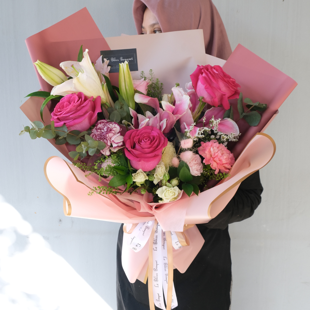 Pink Floyd rose lily hand bouquet jakarta delivery