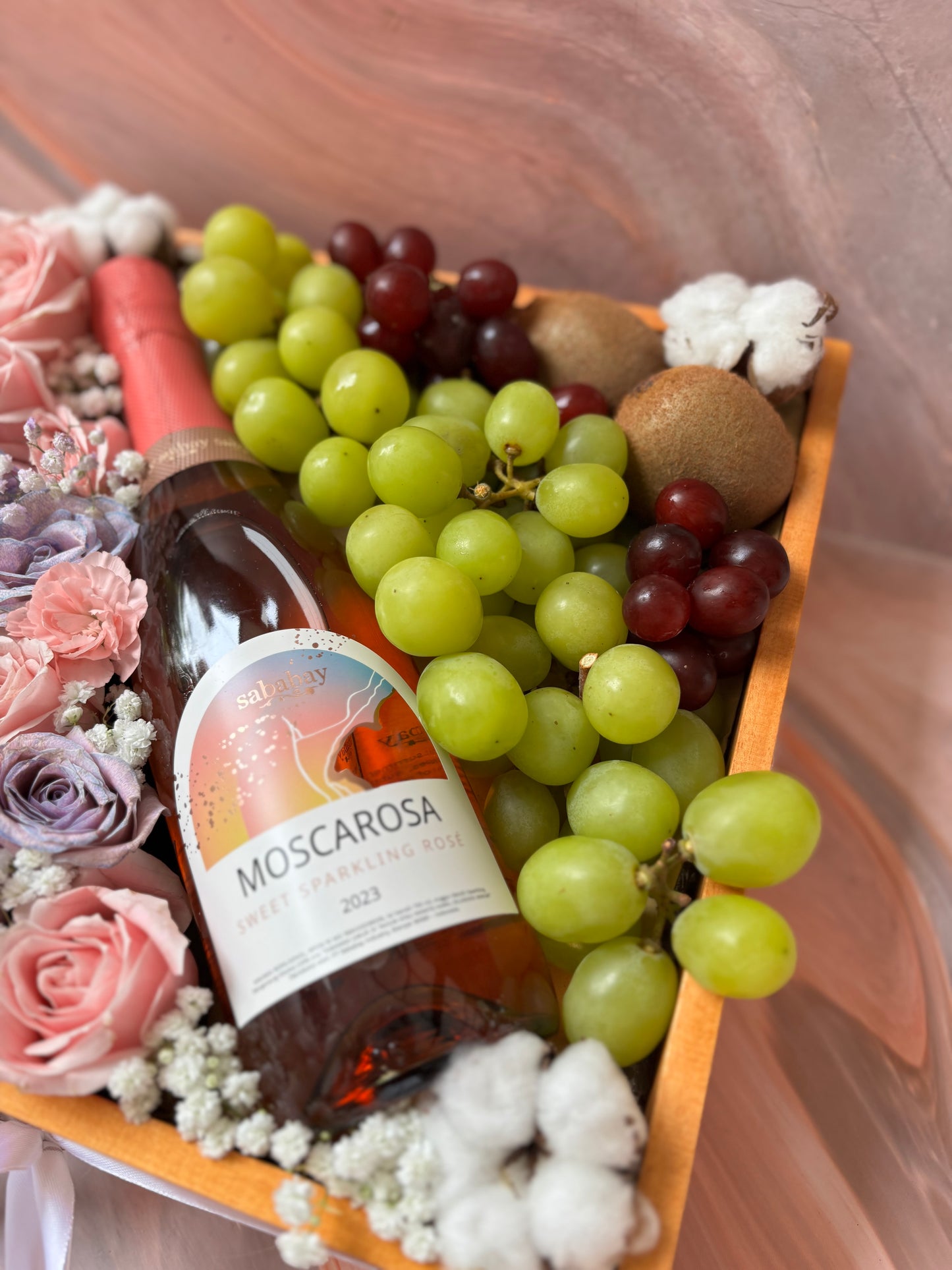 Sababay Moscarosa wine fruit flowers hamper by Le Bliss