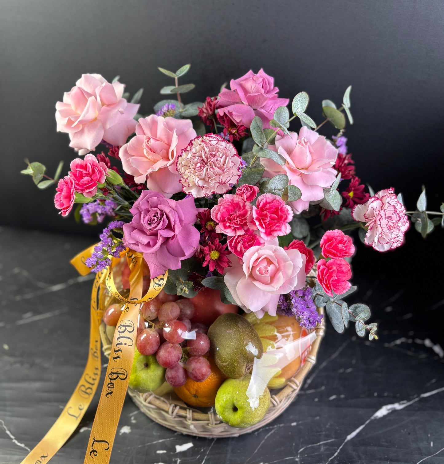 Small Fruit Hamper with pink roses and carnation  | parcel buah jakarta, parcel buah surabaya by le bliss box, hamper buah surabaya
