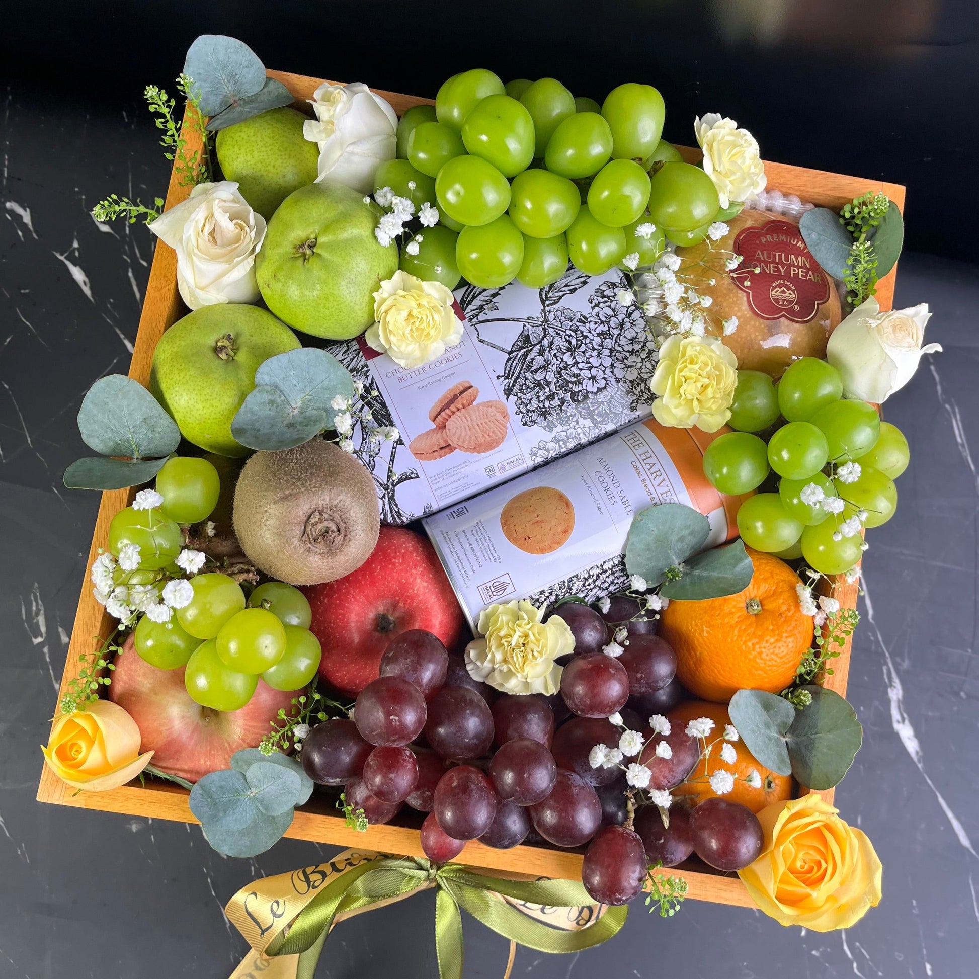 Sweet Harvest Cookies Wooden Fruit Box with fresh apples, grapes, pears, oranges, and cookies in rustic wooden box – fruit hamper delivery Jakarta Bintaro Cirebon