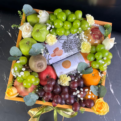 Sweet Harvest Cookies Wooden Fruit Box with fresh apples, grapes, pears, oranges, and cookies in rustic wooden box – fruit hamper delivery Jakarta Bintaro Cirebon