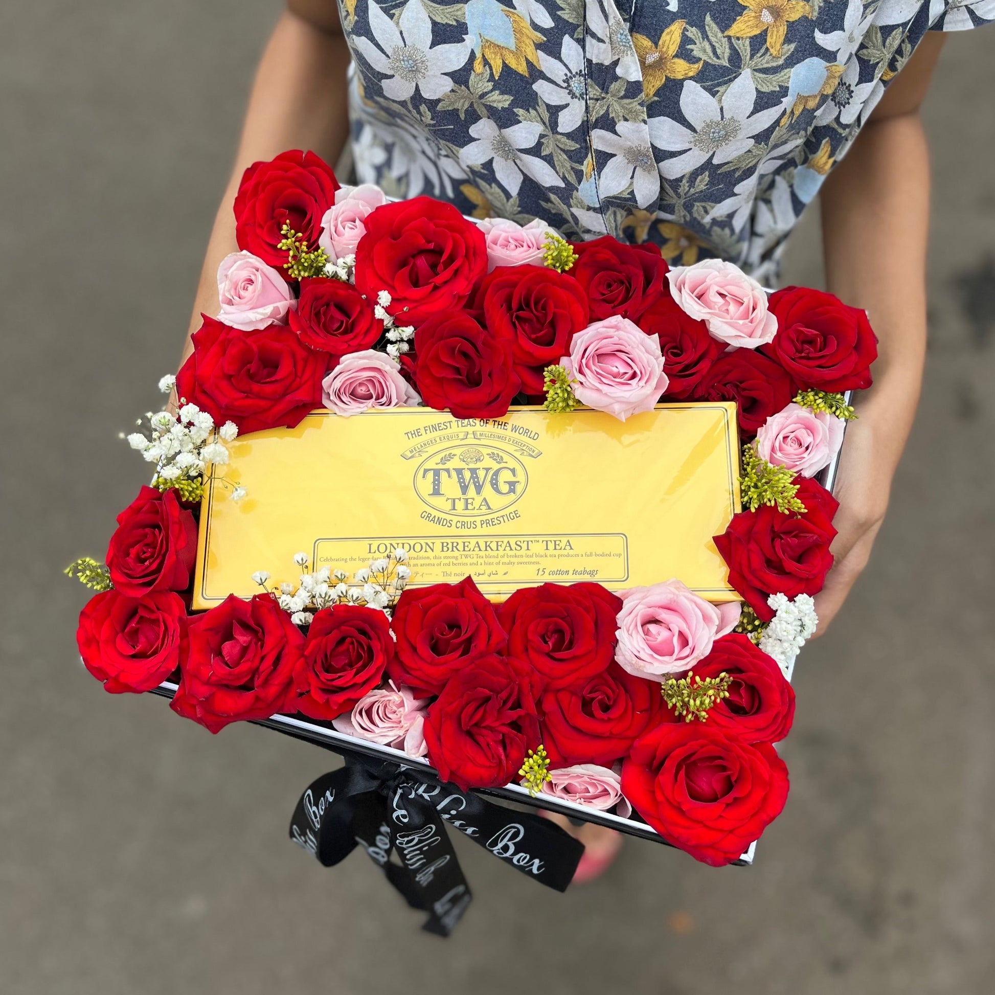 TWG Tea Hamper in Jakarta Indonesia featuring premium tea selections and elegant rose arrangements by Le Bliss Bouquet