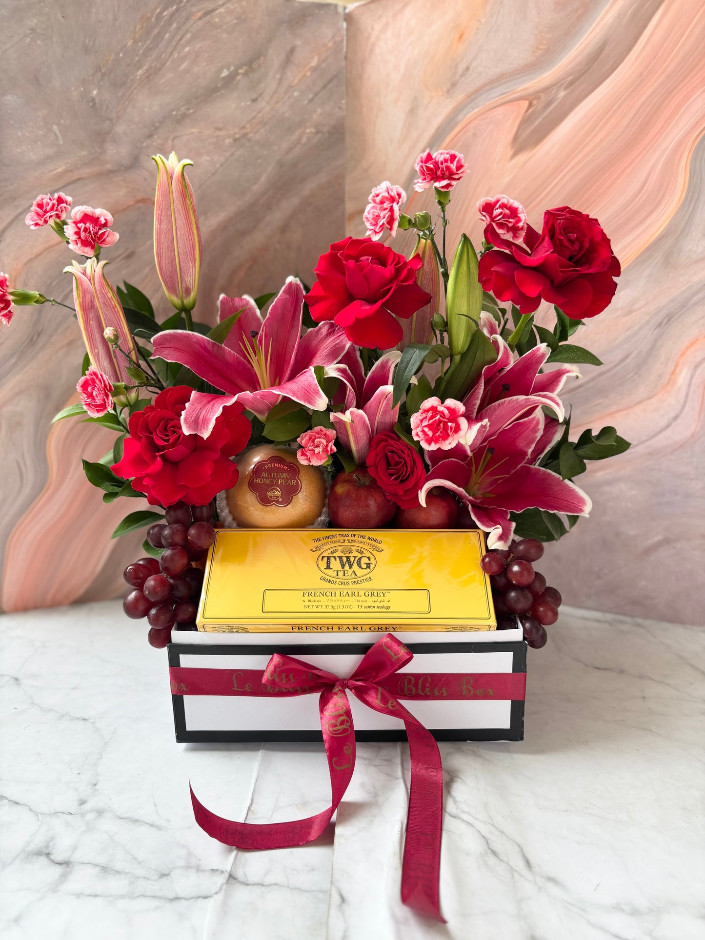 TWG Tea Hamper with fresh fruits and flowers by le bliss. jakarta area delivery 