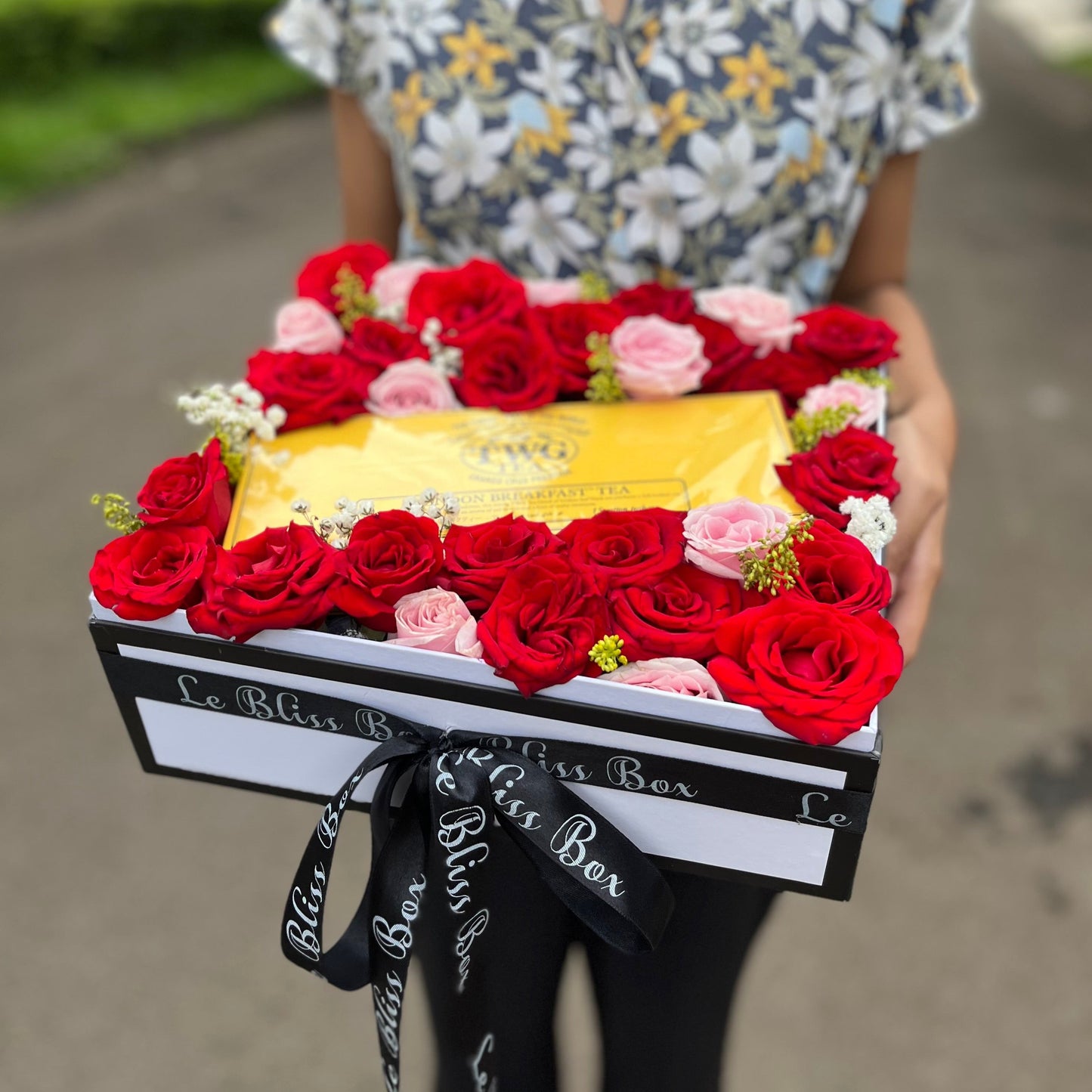 TWG Tea Jakarta Hamper featuring premium tea selections and elegant rose arrangements by Le Bliss Bouquet