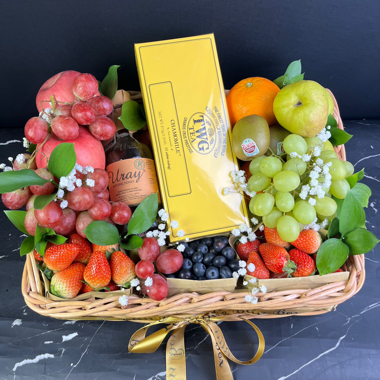 TWG Tea hamper with fresh berries in a rattan box – premium fruit gift delivery Jakarta, Bintaro, Tangerang, Surabaya